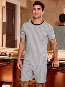 CoupledUp Men's Casual Knit Textured Colorblock Short Sleeve & Shorts Loungewear Set - Grey - View 5