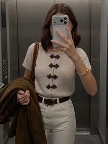 SHEIN PariChic 女款中式美式針織上衣 夏季手工盤扣優雅法式短袖 米色 適合早午餐、辦公室、茶會 - 淺灰色 - 查看 5