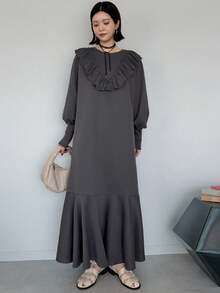 FRIFUL Women's Solid Color Ruffle Long Dress Brunch Dark Grey Autumn Elegant Casual French Everyday Day Time Everyday Day Time - Grey - View 1