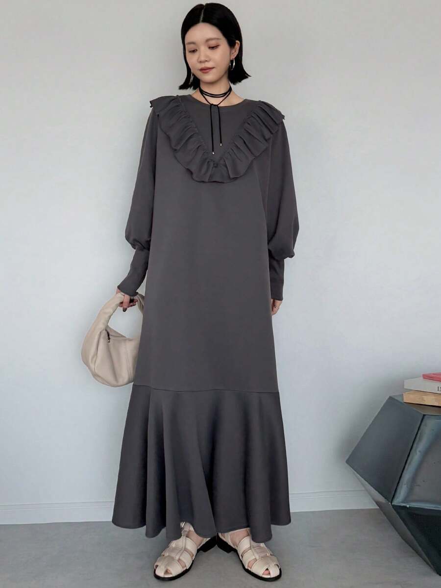 FRIFUL Women's Solid Color Ruffle Long Dress Brunch Dark Grey Autumn Elegant Casual French Everyday Day Time Everyday Day Time - Grey - View 1