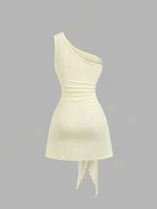 Sweetra Women's Summer Sweet Vacation Asymmetric Neck Ruched Waist Fitted Dress With Metal Flower Buckle And Ribbon Design - Yellow - View 2