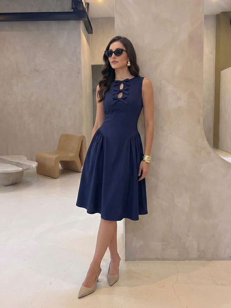 Modelyn Women's Spring/Summer Green Woven Sleeveless Waist-Cinching A-Line Bow Elegant Romantic Dress - Navy Blue - View 5