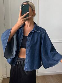 Livesso 夏秋款女款深藍色棉質牛仔上衣，領口設計、短袖燈籠袖、寬鬆版型、短版開襟式 - 深色水洗藍 - 查看 9