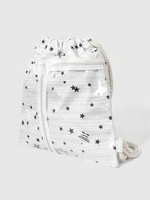 ROMWE Anime Mochila de cordón blanco de gran capacidad y multifuncional con estampado de estrellas kawaii, estilo de animación lindo, adecuada para la escuela y el transporte - Blanco 1 - Ver 3