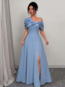 SHEIN Elenzya 不對稱領口抓皺腰身A字版型優雅浪漫女款洋裝 - 霧霾藍 - 查看 4