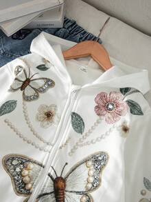 SHEIN 女童柔軟連帽外套，蝴蝶花卉與珍珠印花，拉鍊式休閒日常款 - 白色 - 查看 4