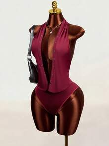 BamGleam 2026 Spring/Summer New Sexy Deep Draped Neck Cowl Neck Eyelet Knot Elastic Knit Bodysuit For Party And Date - Burgundy - View 4