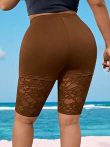 Breezaya Plus Size Versatile Contrast Lace Leggings - Brown - View 2
