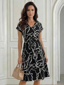 Medorina Graphic Print Batwing Sleeve Belted Dress Casual Outfit For Women Spring Summer - Black and White - View 4