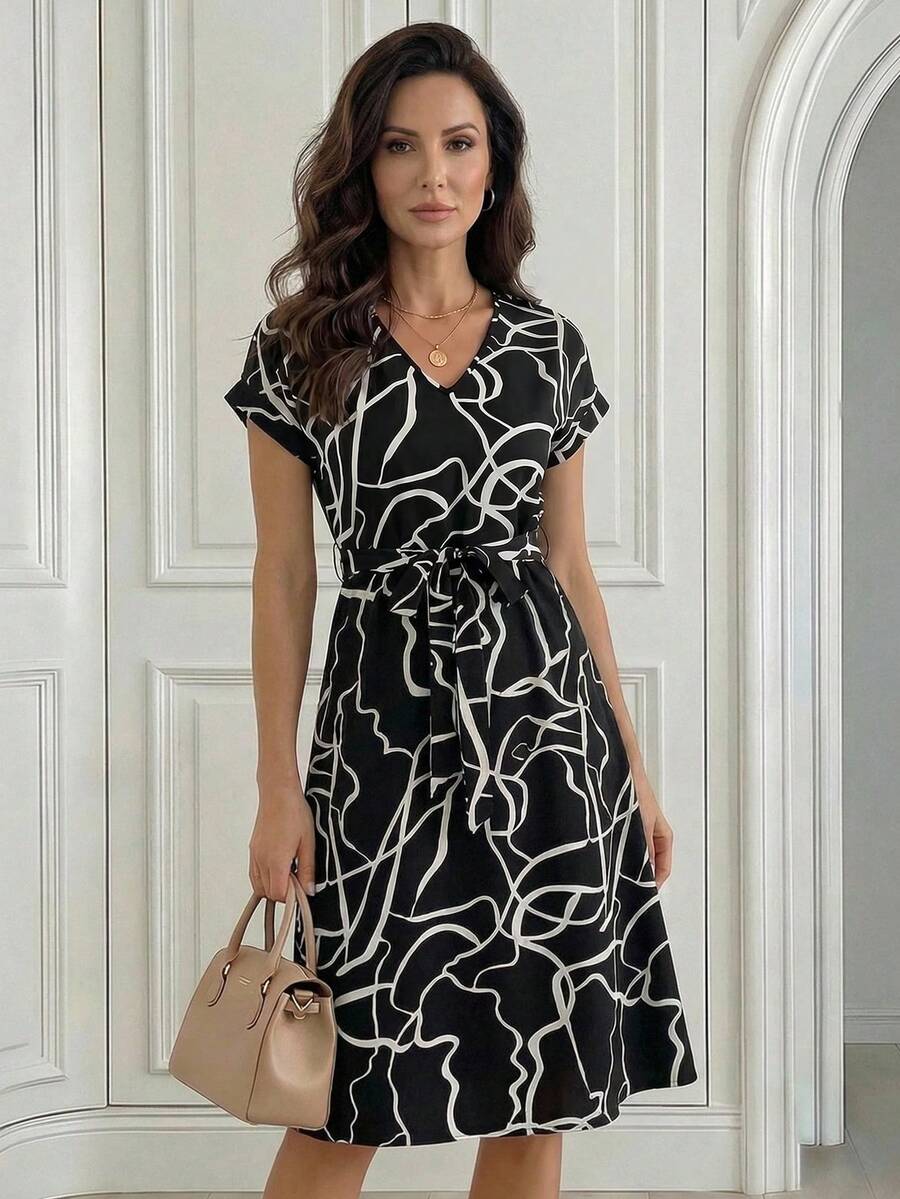 Medorina Graphic Print Batwing Sleeve Belted Dress Casual Outfit For Women Spring Summer - Black and White - View 1