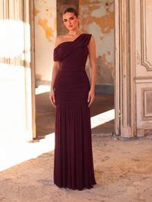 Aureia Elegant Purple Twisted Yarn Mesh Patchwork Applique Decor Cup Bust Mermaid Hem Party Dinner Evening Rehearsal Dress Wedding Guest Bachelorette Formal - Red - View 6