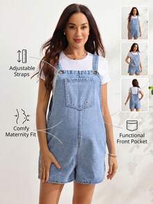 SHEIN Maternity Casual Denim Overall Shorts With Pocket Design - Medium Wash - View 10