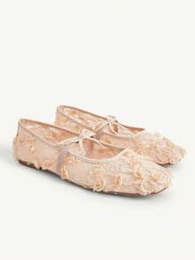 CUCCOO CHICEST 春夏蕾絲網布方頭平底甜美芭蕾女鞋 - 裸粉色 - 查看 2