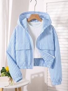 Jaket Pendek Berkerudung Lengan Panjang Motif Garis Vertikal Biru Putih Segar untuk Anak Perempuan Remaja, Potongan Longgar, Musim Gugur, Kembali ke Sekolah, Kasual Lucu Gaya Preppy, Crop Top, Pelajar - Biru - View 3