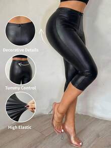 SHEIN SXY Plus Size Women's Solid Color PU Leather Fashion Capris - Black - View 2