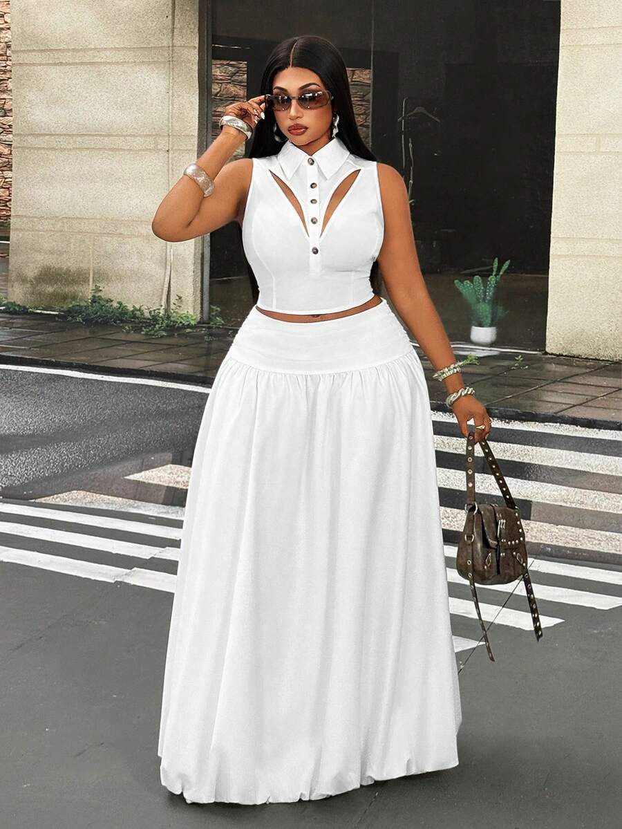 Mawevolt Summer White Design Hollow Lapel Slim Fit Sleeveless Top Pleated High Waist A-Line Long Skirt Plus Size 2 Pieces Set - White - View 1