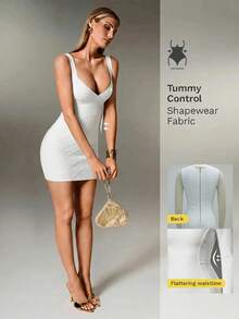 Nuvra Ribbed V-Neck Waist-Defining Hip-Enhancing Bandage Women's Dress Night Out Club All White Summer Wedding Sexy - White - View 1