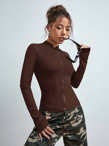SHEIN EZwear 女款 Y2K 拉鍊拇指孔黑色夾克，秋冬款 - 咖啡棕 - 查看 5