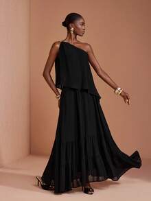 JIAN LASALA Black Chiffon One Shoulder Ruffle Hem Uneven Sleeveless Long Dress Party Vacation - Black - View 4