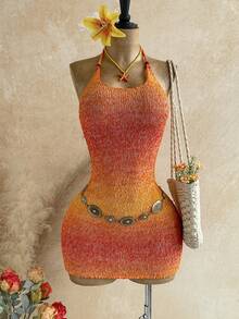 Ure Wave Women's Casual Fashion Y2K Outdoor Vacation Beach Bohemian Style Gradient Tie-Dye Ultra-Fine Crochet Knit Mini Dress, Suitable For Festivals, Beach, Summer Vacation Parties And Other Casual Occasions - Multicolor - View 6