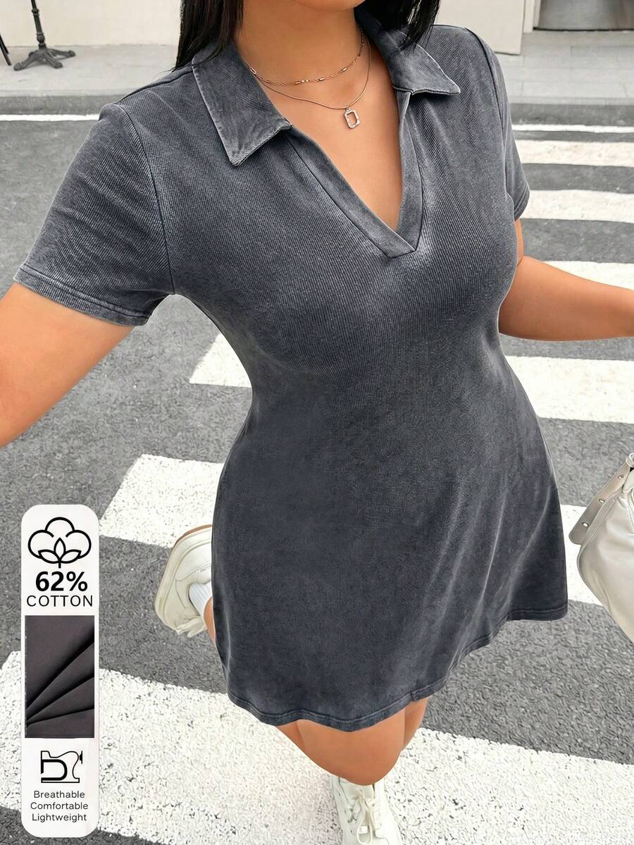 Muchica Plus Size Summer Casual Short Sleeve Dress - Dark Grey - View 1