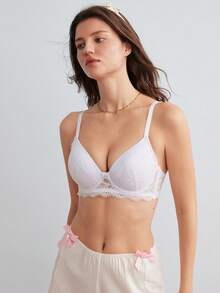 Elorette 1pc Contrast Lace Sexy Push Up Romantic Wire Free Bra For Small Chest Women Lingerie - White - View 5