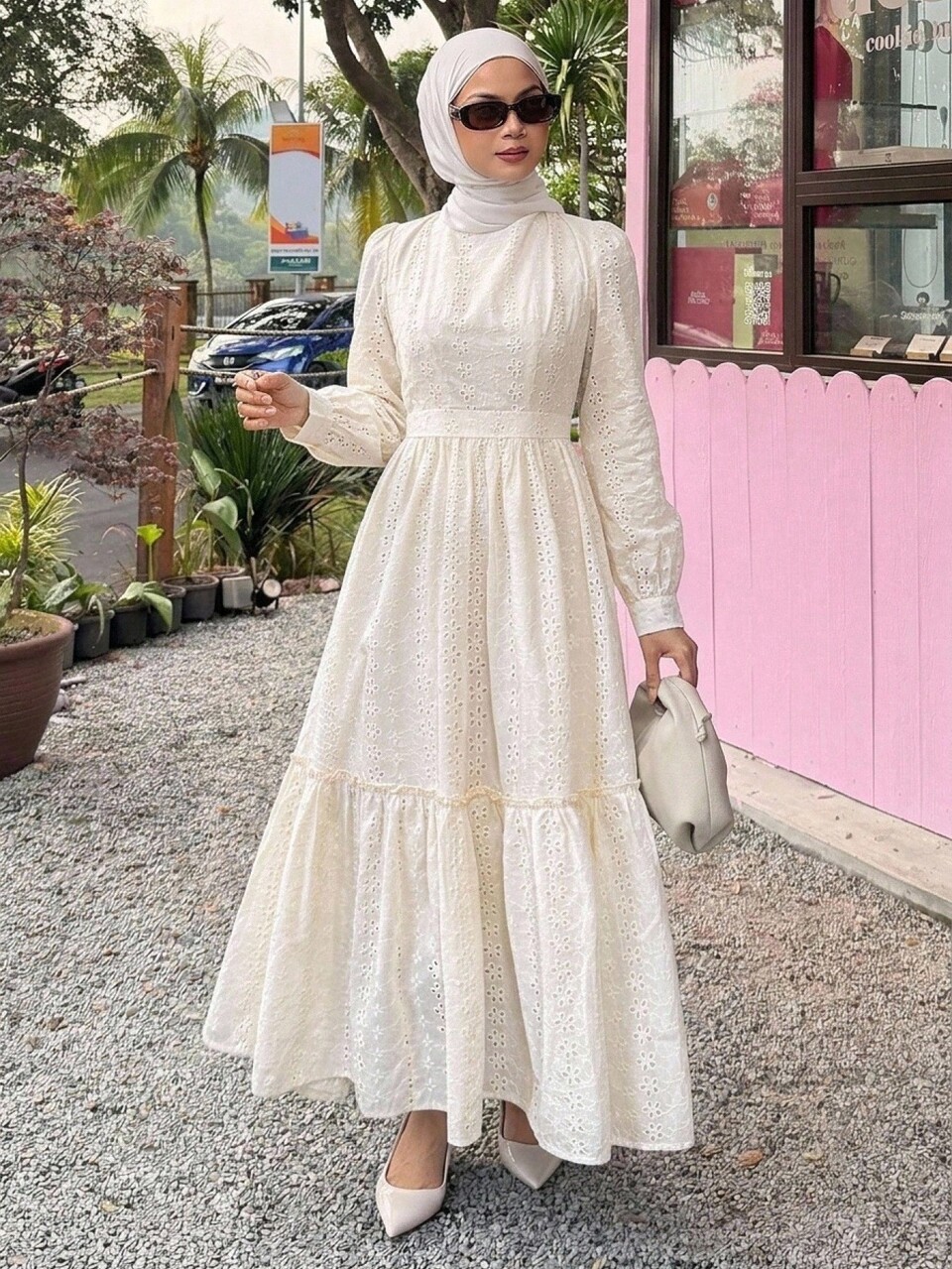 Summer Autumn Stand Collar Long Sleeve White Hollow Embroidery Cinched Waist Layered Patchwork Hem Loose Fit Women's Long Dress