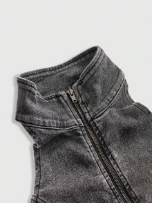 ROMWE Grunge Punk Summer Punk Hot Girl Western Vintage Distressed Lace-Up Fitted Denim Top - Grey - View 4