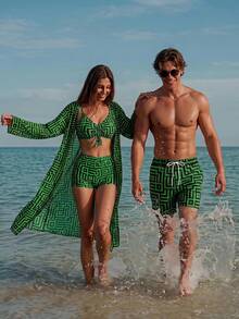Azuldrift Men's Casual Geometric Print Drawstring Waist Pocket Beach Shorts - Green - View 4