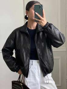 Dazy-Less 女款寬鬆休閒街頭戶外機車夾克，黑色PU皮革翻領上衣，秋冬款 - 黑色 - 查看 4