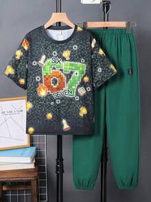 青少年男孩新款休閒極簡 Y2K Mini World 數字 67 經典時尚酷感運動風 寬鬆舒適圓領短袖 T 恤與長褲套裝，適合通勤、上學、日常休閒外出與運動，春秋夏季適用 - 綠色 - 查看 3