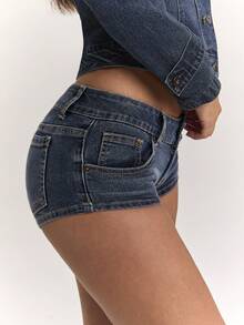 SHEIN BAE شورتات جينز نسائية مثيرة بخصر ضيق وتصميم أزرار وجيوب، ملابس عطلة - أزرق متوسط - مشاهدة 5