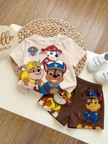 SHEIN | PAW Patrol Baby Boy Casual Simple, Soft And Comfortable, Cartoon Puppy Print, Round Neck Short Sleeve T-Shirt And Shorts 2pcs Set, Suitable For Spring And Summer - Multicolor - View 1