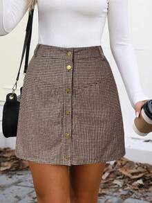 SHEIN LUNE Rok Mini A-Line Wanita Ukuran Besar Motif Houndstooth Cokelat Vintage Kancing Tunggal Pinggang Tinggi Model Ramping Musim Gugur - Coklat - View 5