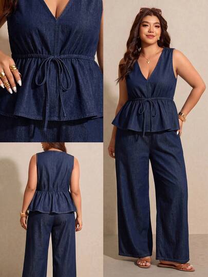 Elaquor Plus Size Denim Two Pieces Outfits Navy Blue,Summer,Smart Casual,Vacation V Neck Peplum Blouse & Wide Leg Trousers Elegant Business Graduation Costume