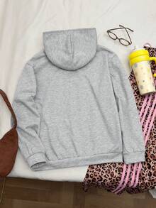 SHEIN 秋冬青少年女孩寬鬆休閒時尚可愛粉色豹紋刺繡套頭衛衣，適合日常通勤、休閒、度假、姐妹聚會、街拍 - 灰色 - 查看 2