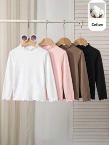 SHEIN 女童小女孩 4件組 純色針織荷葉領休閒T恤套裝 - 彩色 - 查看 4
