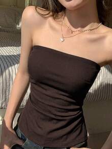 Strévra Women's Solid Color Pleated Bandeau Top, Fashionable For Vacation Tube Tops - Brown - View 5