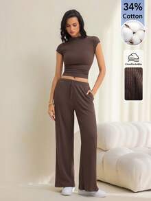 SHEIN Tall 女款純色立領短袖上衣與長褲休閒兩件套 - 棕色 - 查看 6