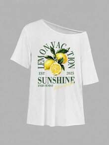 SHEIN EZwear Áo thun nữ 95% cotton dáng rộng, trễ vai, vai xuôi, tay ngắn, họa tiết chanh, phong cách thường ngày, thời trang đường phố, phù hợp đi làm hàng ngày, hẹn hò, tụ tập, mùa thu/đông, mùa hè, tiệc tùng, đám cưới, đi biển, lễ tốt nghiệp, thanh lịch, dạo phố, Y2K, trang phục lễ hội âm nhạc, quần áo nghỉ lễ, đồ đi biển - trắng - Xem 3
