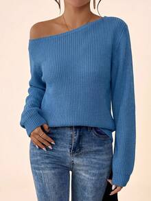 Coeurva Women's Minimalist Versatile Solid Color Asymmetrical Shoulder Pullover Sweater - Blue - View 5