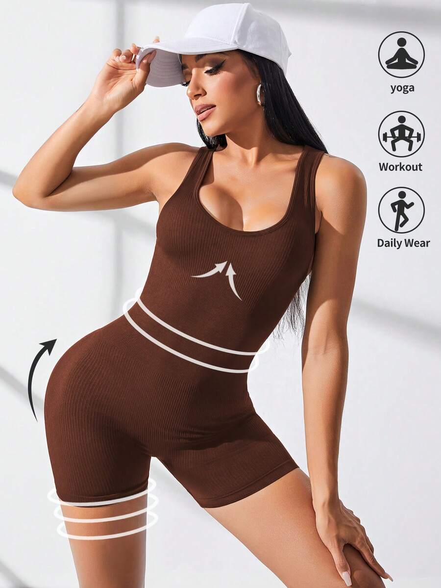Dewbera Dewbera Mono deportivo de color liso/tejido acanalado/sin costuras - Marrón - Ver 1