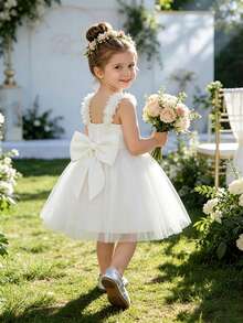 Glamorique Kids Girls Birthday Party Children's Dress Floral Spaghetti Strap Backless Mesh Princess Gown Flower Girl Puffy Tulle Skirt - White - View 8