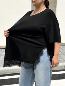 SHEIN CURVE+ 大尺碼時尚優雅休閒寬鬆日常正式居家穿搭黑色T恤極簡風2026夏季22W - 黑色 - 查看 10