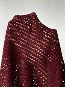 SHEIN EZwear 純色鏤空針織短袖毛衣 - 酒紅色 - 查看 7
