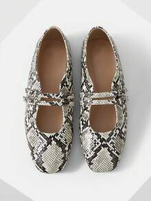 Mnmlis Women's Shoes Spring And Summer Double Buckle With Square Toe Flat Bottom Mary Jane Shoes - Gray snake pattern - View 1