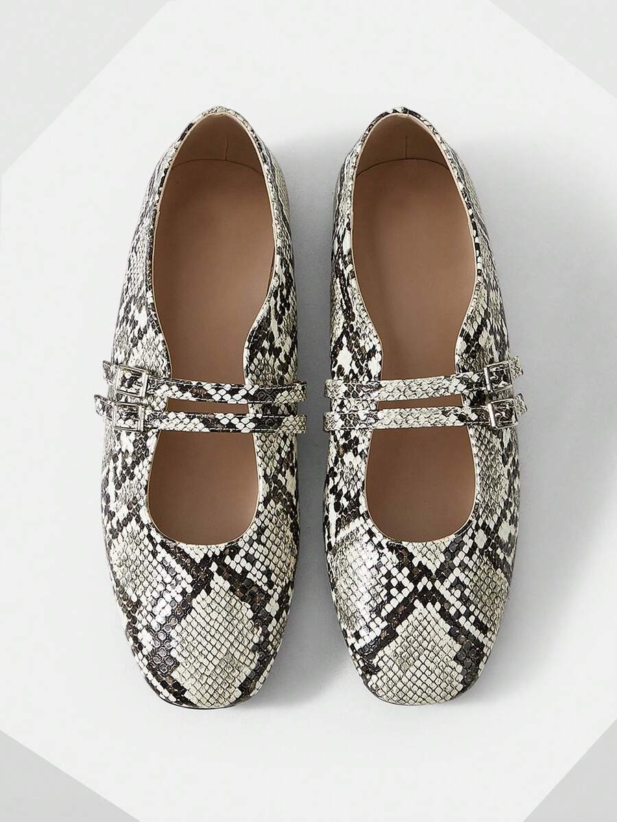 Mnmlis Women's Shoes Spring And Summer Double Buckle With Square Toe Flat Bottom Mary Jane Shoes - Gray snake pattern - View 1