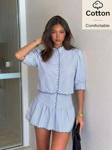 Siren Gaze Women's Colorblock Striped Button-Up Shirt And Ruffle Hem Skirt 2 Pieces Set - Blue and White - View 10