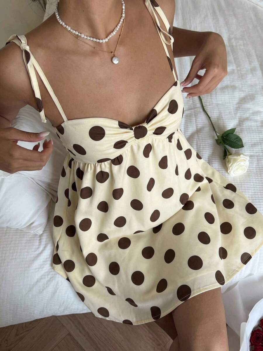 CovetEZ 女士休闲波点印花吊带迷你连衣裙 - 黃色 - 查看 1