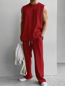 Manfinity Homme Conjunto de 2 piezas de top de cuello redondo y pantalones largos de unicolor para hombre, casual para uso diario - Rojo - Ver 1
